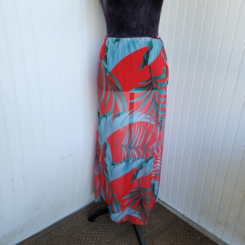 Women’s Beach Swimsuit Cover Up Skirt Stretch Hawaiian Palm Orange Green Tie M
